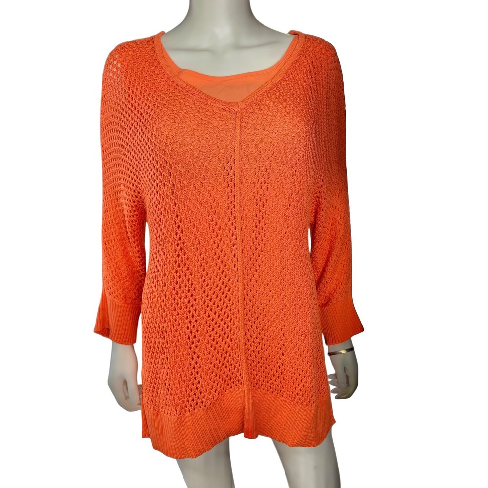 Chico's Orange Open Knit Tunic Sweater Layered Hem Lightweight Elevated Boho L